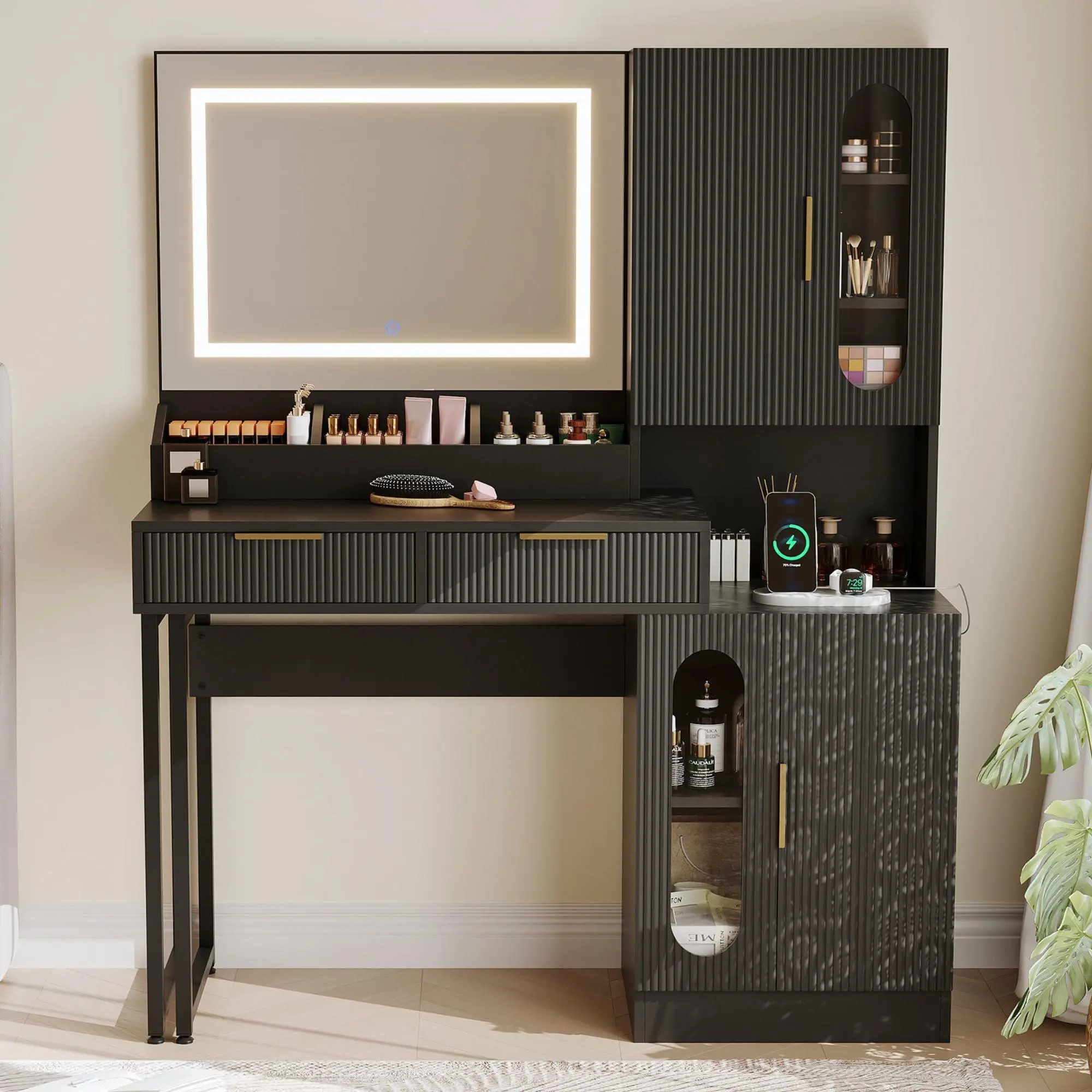 Garvee Makeup Vanity Desk with Lighted Mirror, Fluted Design, Drawers, Cabinets, Charging Station, 3 Color Lighting Modes, Large Capacity Indoor Furniture for Bedroom, Black