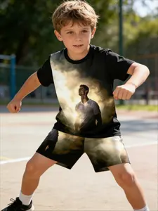 Kids 2 Piece Outfits Boys Summer Short Sleeve T Shirt + Shorts Set Cristiano Ronaldo Backlight Gaze Cloud Mist Light Art Print Football Fan Kids Clothing Casual Sport Wear for School Daily Football Match & Fan Gathering
