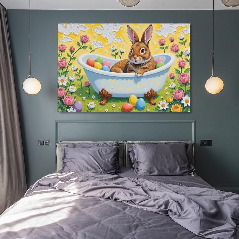 Nursery Bunny Wall Decor - Vintage Rabbit Art Print, Rustic Rabbit Lies in Bathtub Filled with Easter Eggs Poster Canvas Poster Bedroom Decor Sports Landscape Office Room Decor Gift Frames Ornaments Artistic Decoration Photo Frame-Style