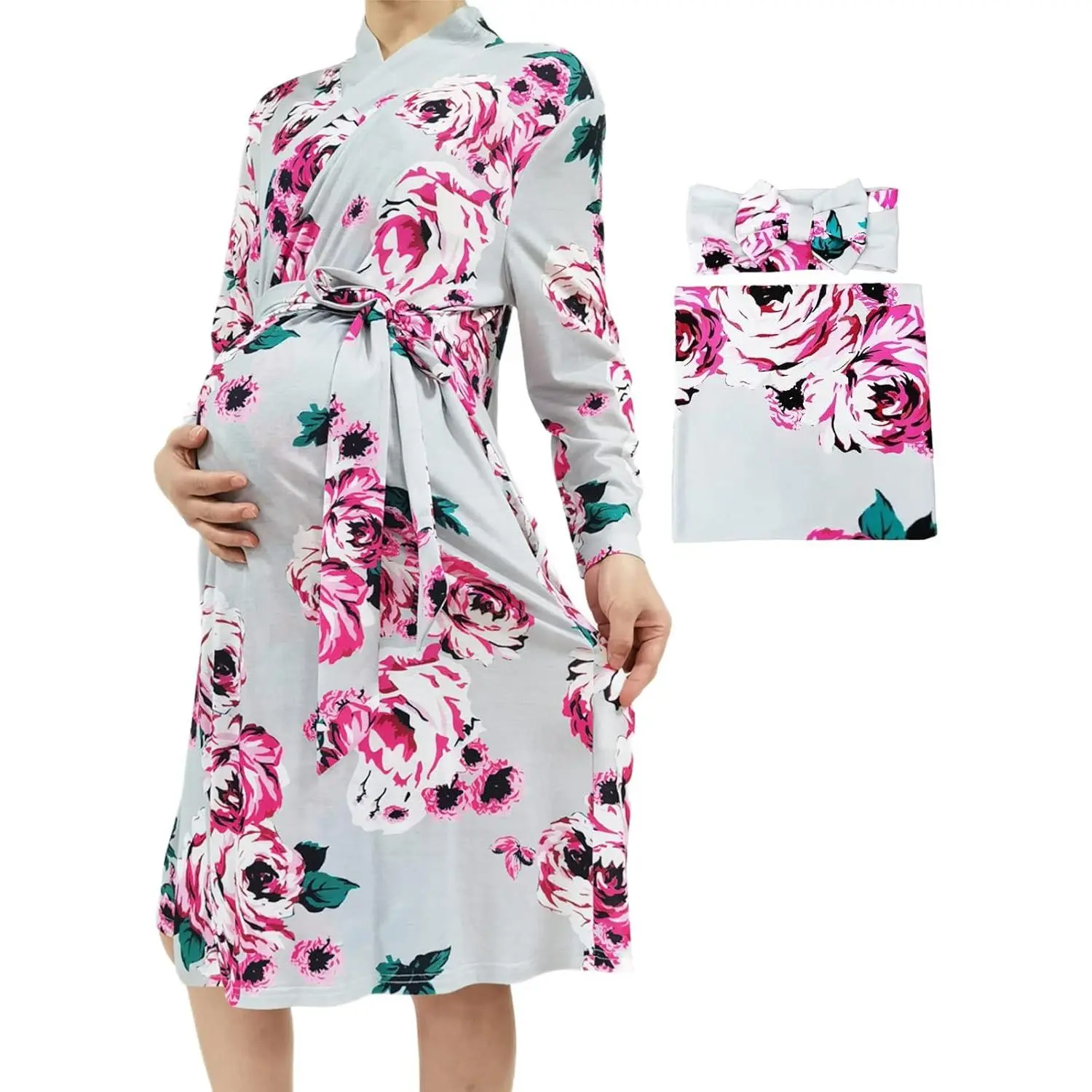 Maternity Robe and Baby Swaddle Blanket Set Mommy Robe with Receiving Blanket for Girls Boys Sleepwear