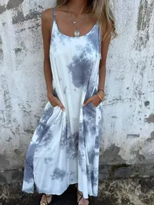Women's Summer Tie-Dye Casual Wear Loose Sleeveless Lightweight Dress, Flowy Thin Strap Long Dress for Beach Vacation, Bohemian Linen Style