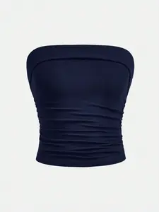 Teenagers Summer New Fashion Basic Indigo Ribbed Knit Pleated Waist Cinched One Shoulder Short Crop Top Blouse