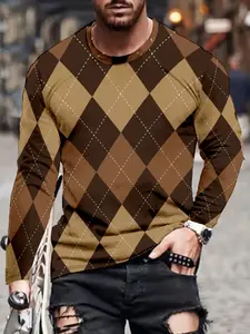 Men's Long Sleeve T-Shirt, Geometric Graphic Print, Casual Daily Wear, Casual Clothing, Streetwear, Sport Outdoor Top, Athletic, Fitted Short Style, Spring & Fall