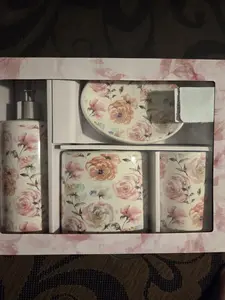 Ceramic Floral Bathroom Accessory Set - Soap Dispenser, Dish, Holder, Tumbler