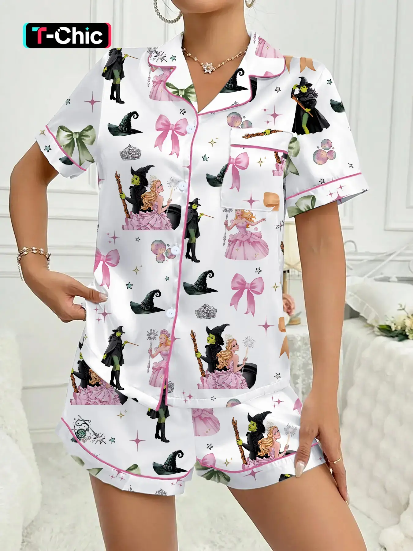 Witch Princess Cute Bow Collar Short Sleeve Fitted Pajama Set, Collared Pajamas, Sleepwear Loungewear, Halloween Party Gift, Green Velvet Print, Knit, Pjs, Womenswear, Nightwear Sleepwear Homewear
