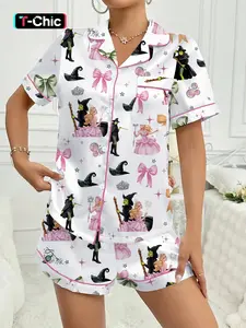 Witch Princess Cute Bow Collar Short Sleeve Fitted Pajama Set, Comfortable Sleepwear Loungewear, Halloween Party Gift, All Seasons,Wicked Movie,cozy sleepwear,Green Velvet Print,Cosplay Movie Night, Knit, Pjs