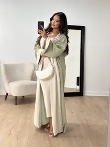 1-Piece Sage Green Open Abaya with White Trim Cuffs, Casual Modest Muslim Kimono Outerwear