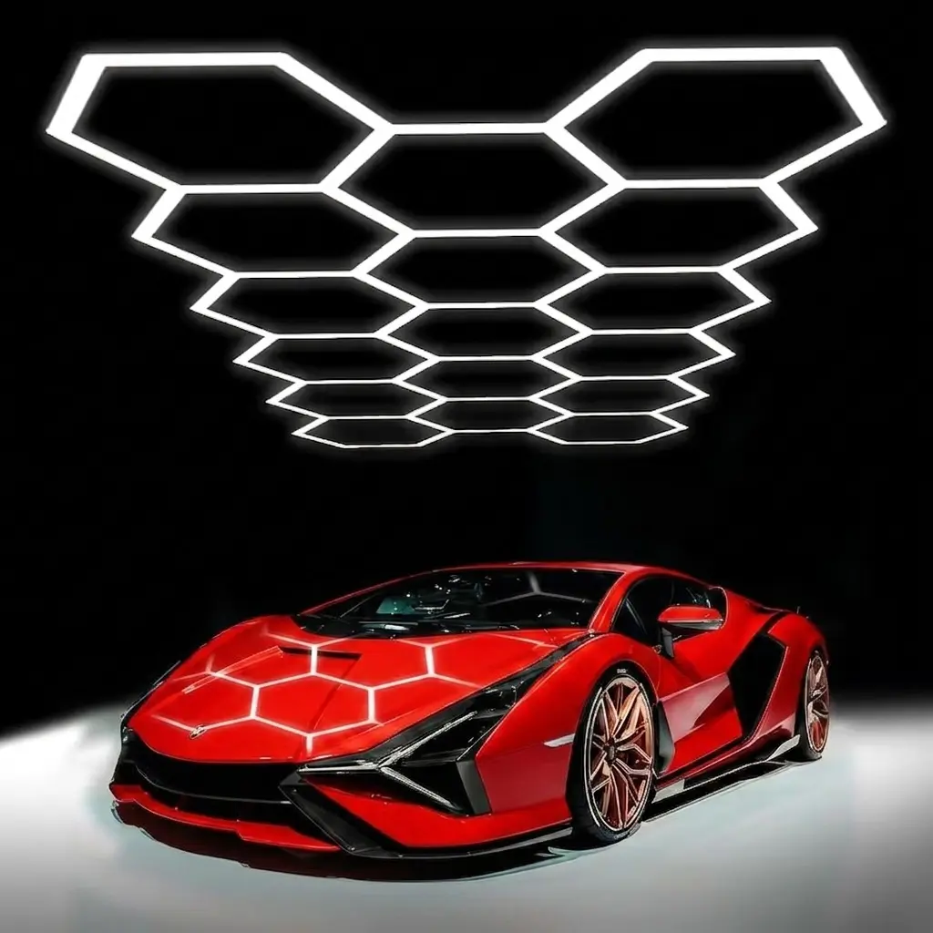 2026 New Hexagon Honeycomb LED Ceiling Light, Easy Install LED, 6500K Daylight, High Lumen Output, High CRI Reveals Details, Borderless for Car Detailing Workshop