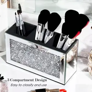 Luxury Creative Rhinestone Mirror Multi-Compartment Storage Box, Remote Control Makeup Brush Organizer, Elegant Vanity Shelf