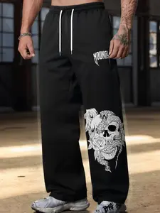 Men's Rock Skeleton Skull Printed Casual Sports Pants, Drawstring Waist for Comfort, Loose Straight Leg Style for Year-Round Wear