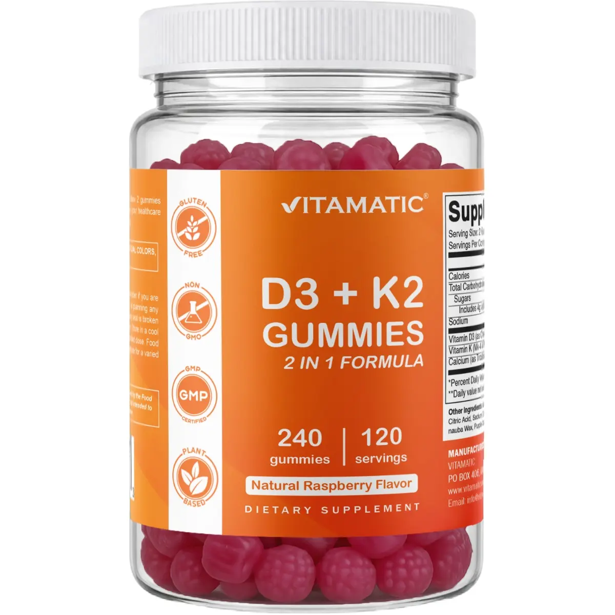 Vitamatic Vitamin D3 K2 with Calcium Gummies - 240 Count - Non-GMO, Gluten Free Vitamatic Vitamin D3 K2 with Calcium Gummies - 240 Count - Non-GMO, Gluten Free
