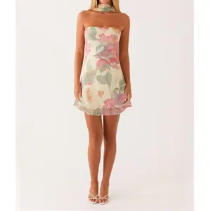 Women Mini Dress with Scarf, Off Shoulder Strapless Backless Flower/SolidFit Summer Tube Dress