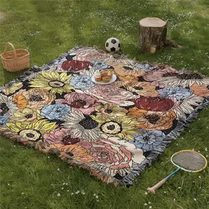 Blossoms Pattern Bohemian Yarn Jacquard Woven Blanket with Tassel, Thick Soft Washable Blanket, Used for Home Decor Sofa Chair Bed Tapestry Tablecloth Floor Garden Picnic Outdoor Camping