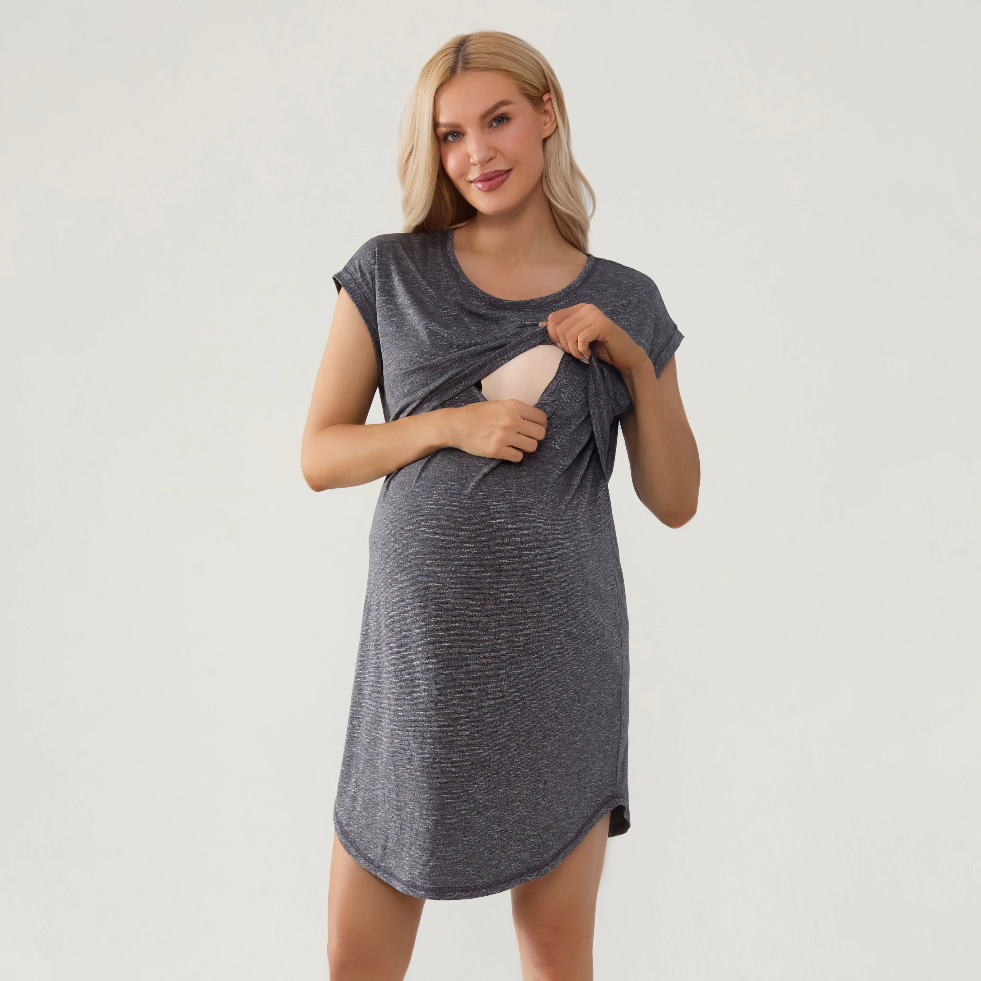 GIFTIFYMAMA Nursing Dress, Women's Summer Round Neck Short Sleeve Viscose Blend Lounge Dress with Lift Up Access, Casual, Polyester