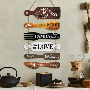 Rustic Kitchen Wall Art - Dining Room Decor Mural Bless the Food Before Us, Neutral Grey Tones Wooden Rustic Style 6-Piece Set Rope Sign 25x14 Inches Vertical Hanging Style