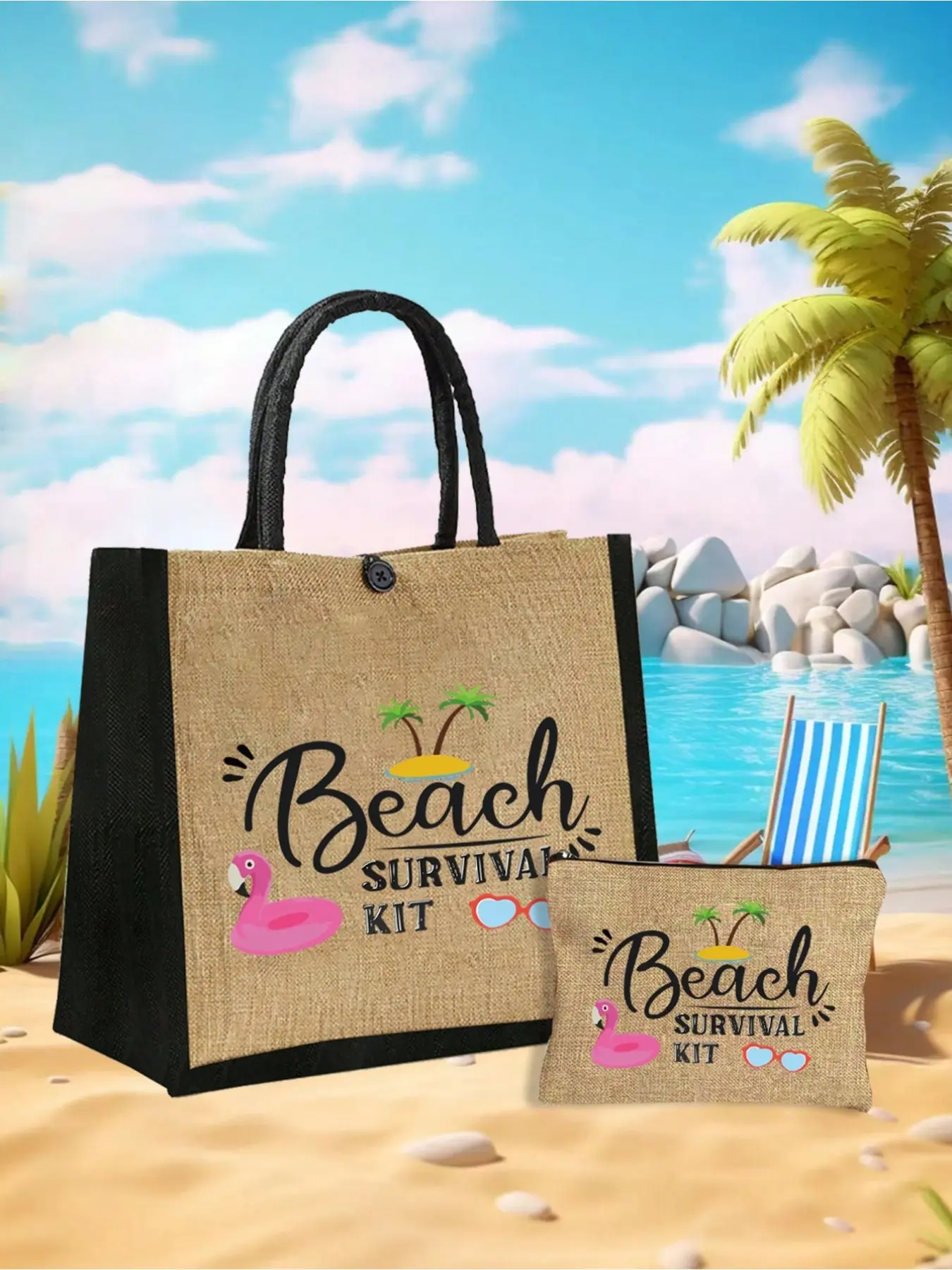 Large Capacity Handbag Set, Shoulder or Crossbody, Linen Multifunctional Bag, Includes Coin Purse and Makeup Pouch, Anchor, Flamingo, Coconut Tree, Beach Patterns