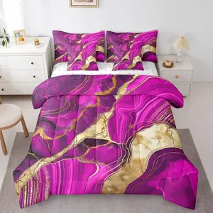 Feelyou 7-Pieces Gold Purple Marble Bedding Set - Bed in A Bag with Marbling Crack Print Comforter and Abstract Metallic Texture Sheet Set
