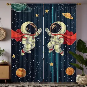 2-piece set of Space Superman astronaut printed semi transparent curtains, hanging with pole pockets, suitable for living rooms, children's bedrooms, home decoration, hand washable, hook free, Easy Install Curtain, Window Curtain