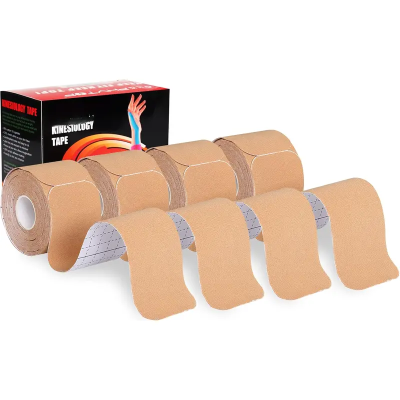Kinesiology Tape Precut Strips - 4 Rolls Muscle Support & Pain Relief K Sport Tape, Waterproof & Breathable, Latex-Free, 2 inches x 16.4 Feet per Roll (Beige)