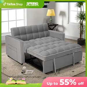 EBELLO 3-in-1 Convertible Velvet Sleeper Sofa Bed | Modern Loveseat Futon with Side Storage Pockets for Small Space, Grey&White Sofa Sets