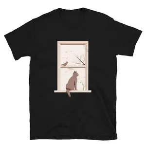 Men's cat lover Graphic T-Shirt - Short Sleeve Crew Neck Regular Fit Casual Wear | Soft & Breathable Fabric, Durable Print, Everyday Comfort, Machine Washable, minimalist illustration a cat sitting by a window watching a bird outside