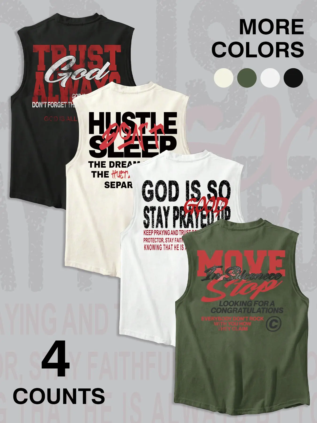 4-Pack Faith Motivational Slogan Sleeveless Tops, Christian Streetwear, Casual Loose Muscle Tank Top Set