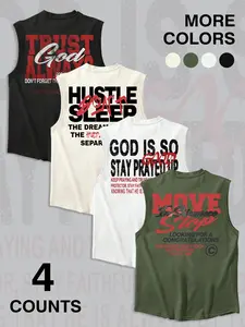 4-Pack "Trust God & Hustle" Faith Motivational Slogan Casual Tank Tops | Christian Streetwear Muscle Shirts Set