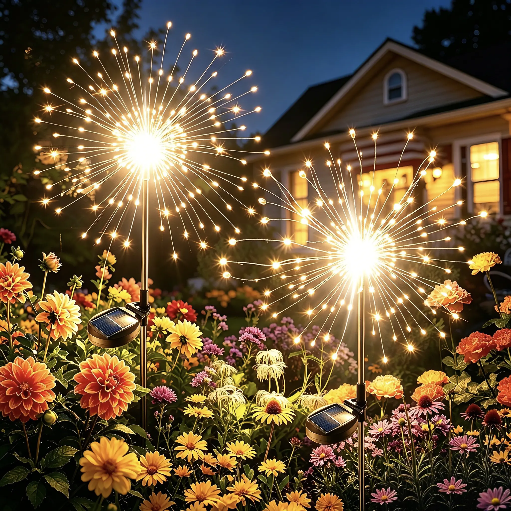 Starburst Firework Decorative Solar Outdoor Lights (2-Pack), 120 LED Warm White Garden Stakes - 1.2V/600mAh AA Built-in Cells, Auto On/Off, Auto Power-Off, Water Resistant, Easy to Shape, Hands-Free Outdoor Decor for Landscape Borders, Patio