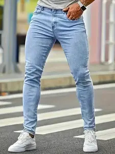 Men's Slim-Fit Stretch Jeans - Light Blue Cotton Blend with Elastic Waistband &  denim stretch jean blue jean Tops Fabric Skinny Low Rise Cowboy Jeans Pants Casual Breathable Soft