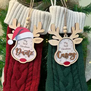Personalized Reindeer Wooden Christmas Ornament, 3D Rudolph Wooden Ornaments, Custom Reindeer Stocking Tags Ornament, Rudolph 2024 Ornament