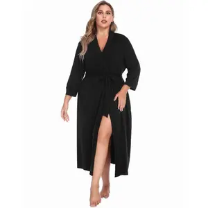 Womens Plus Size Kimono Robes Long Knit Bathrobe V Neck Ladies Loungewear Lightweight Soft Sleepwear 1X-5X Comfort Womenswear Adjustable Anniversary Underwear Elegant  Fit Gowns Pockets Strap#US Deals for You Days(gift)