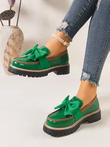 Women's Plus Size Fall Winter Loafers, Pure Color Bow Decor, High-End Leather Feel, Thick Sole Fashion Single Shoes