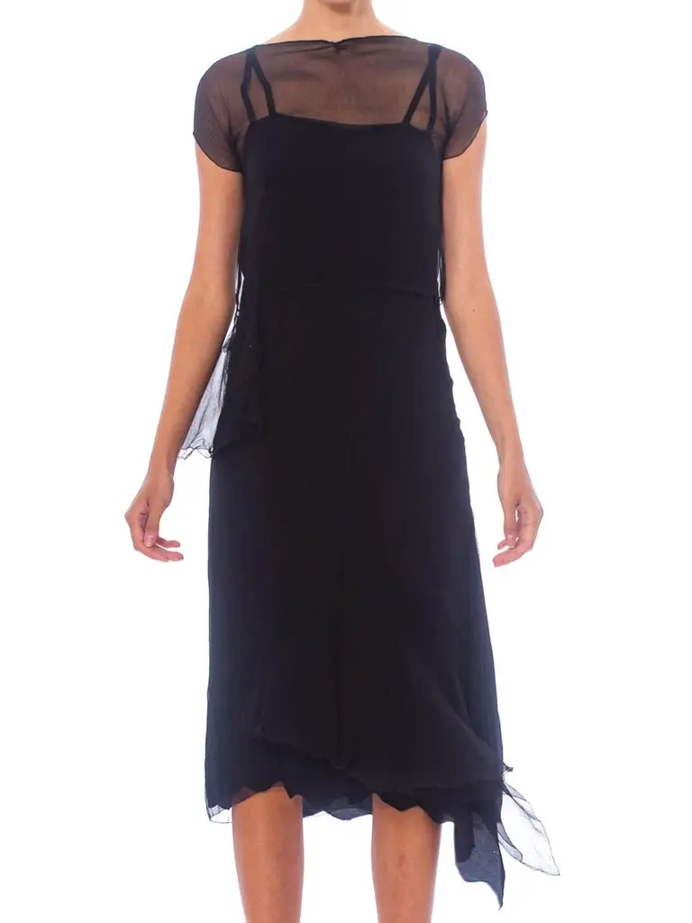 1920S Black Sheer Silk Chiffon Layered Dress