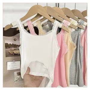 6pcs Solid Color Easy Women'S High-Elasticity Plus Size Tank Tops with Lace Design, Comfortable And Casual Without Being See-Through Lace Trim Camisole Tank Tops