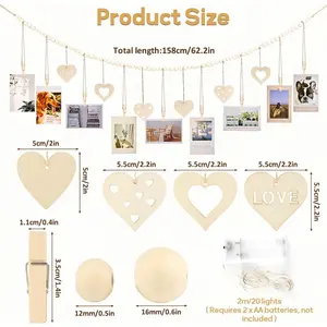 62.2inch photo garland photo wall, bohemian photo wall display with wooden beads, clips and heart pendants, hanging photo, postcards display Ornaments