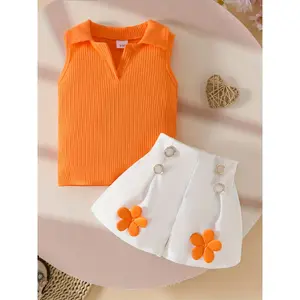 Lining required] 2-piece summer toddler girl outfit: collared sleeveless solid color top + white floral shorts, fashionable outdoor set for girls
