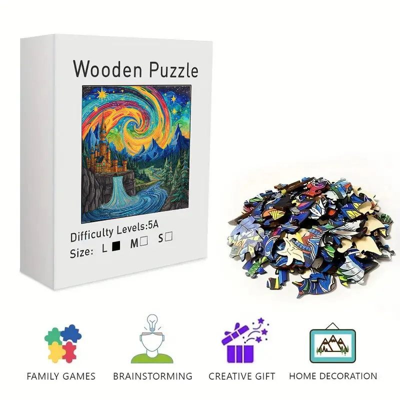Wooden Jigsaw Puzzle with Cartoon Design - Unique Irregular Magical Castle Starry Sky Art, Challenging Brain Teaser, Artistic Home Decor Wall Art & Desk Ornament, Perfect for Stress Relief, Includes Cartoon