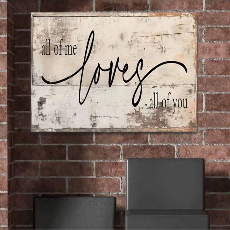 Rustic Farmhouse Style Love Quote Canvas Wall Art Decor, "All Of Me Loves All Of You" Distressed White Wood Plank Print for Bedroom Living Room Home Decoration, Horizontal Sentimental Artwork Gift Ornaments