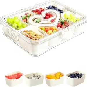 4/8 Compartment Snackle Box Charcuterie Tray - Divided Serving Platter with Heart-Shaped Handle & Lid | Clear Portable Snack Organizer for Travel, Party, Picnic, Clear Plastic Food Storage Containers