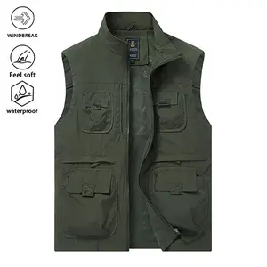 Men's Army Green Work Vest - Multi-pocket Design, Windproof & Waterproof, Soft Fabric, Full Zipper Sleeveless Jacket, Casual Outdoor Top, Layering Style & Essential for Everyday Wear