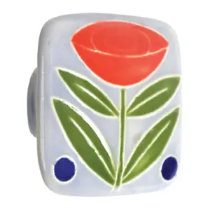 212 MAIN Ceramic Square-Shape Doorknob - Large Light Blue Acorn Design with Flower and 2 Berries, Center-Mount Door Hardware