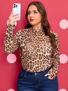 Brown Plus Size Mock Neck Leopard Mesh Top, Versatile Leopard Top Ideal For Nights Out Or Casual Statement Outfits.