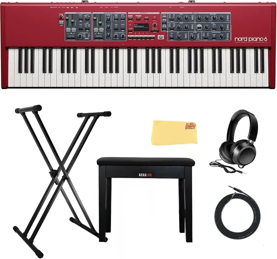 Nord Piano 6 73-Key Stage Piano Bundle with Keyboard Stand, Furniture Bench, Headphones, Cable, and Austin Bazaar Polishing Cloth