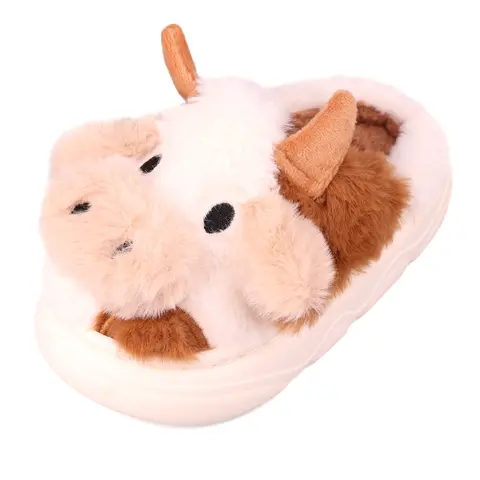DIOLV Women's Chic Ankle Character-Themed Graphic Fabric Slippers, Christmas Cartoon Cow Design with Plush Cotton, Beads, Feathers, Memory Foam, Warm Non-Slip Winter Indoor Slip-On Shoes