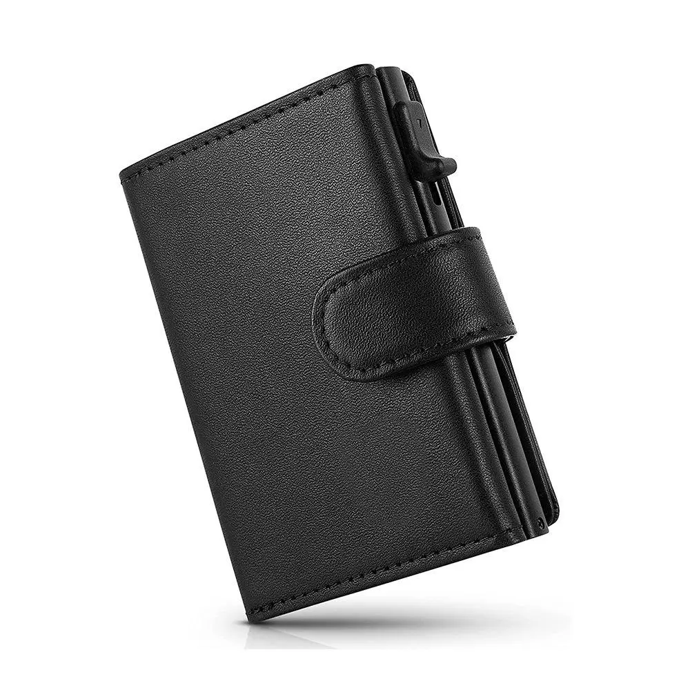 Genuine Leather RFID-Safe Card Holder - Side-Push Aluminum Alloy Case, Zippered Coin Pocket, Casual Daily Use Fashion Accessory, No Warning Applicable
