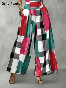 High-Waisted Wide-Leg Plaid Patchwork Casual Pants, Colorblock Design, Pleated Detail, Pocket Feature, Stylish and Comfortable