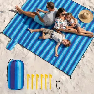 Waterproof Sandproof Oversized Beach Blanket - 7x7ft Extra Large Sand Free Beach Mat for 3-4 People, Lightweight with 6 Stakes & 4 Corner Pockets for Summer Vacation Beach Camping Blue Stripe