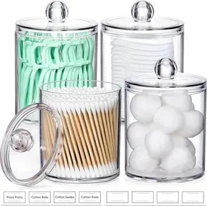 4 Pack Acrylic Qtip Holder Dispenser Set, Clear Canister Jars for Cotton Swabs, Balls, Pads & Floss Picks, Bathroom Vanity Makeup Storage Organizer