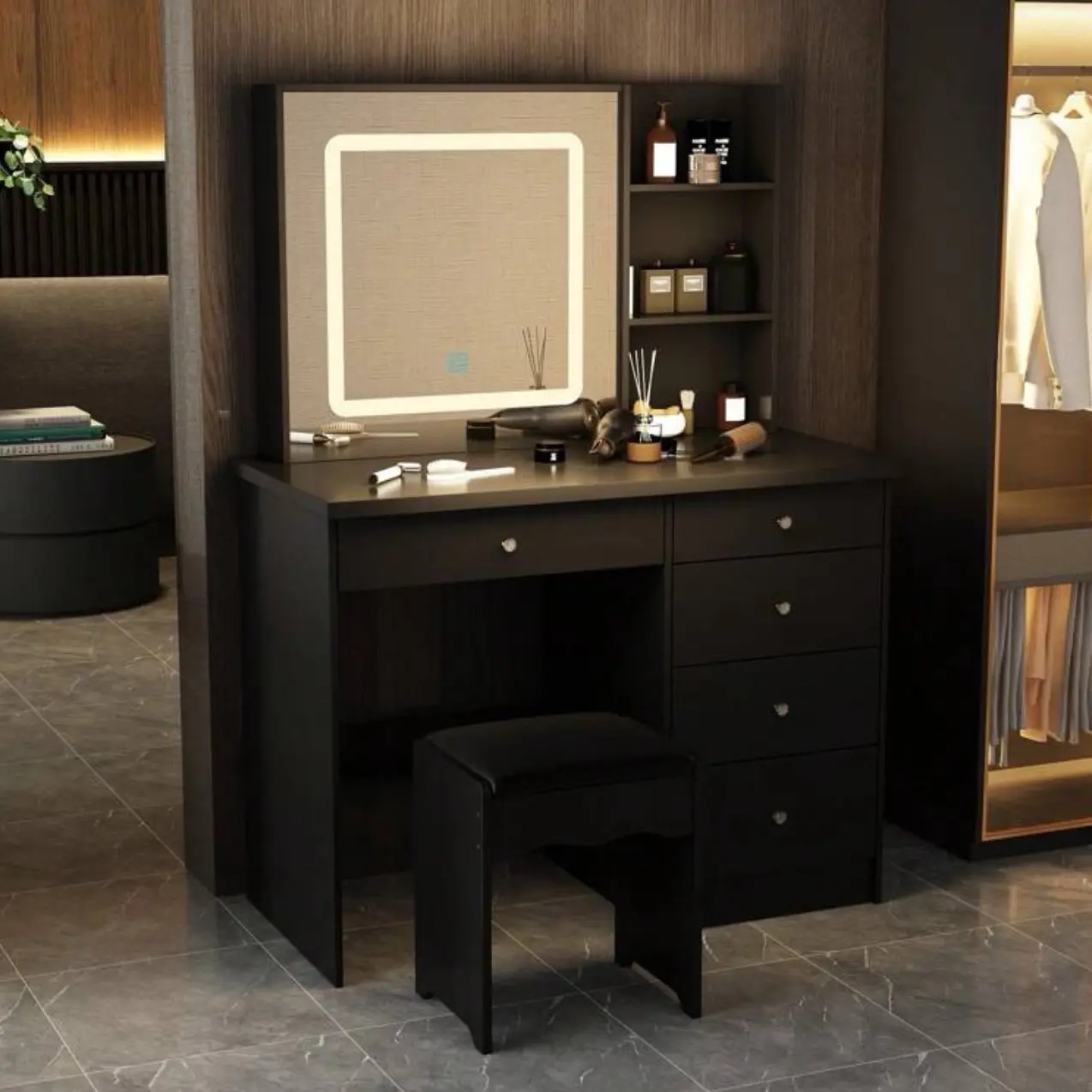 Modern Makeup Dressing Desk (Tabitha Model) – Backlit Makeup Vanity with 3-Color Touch Mirror, LED Light Strip, Shelf, 5 Drawers, Large Drawer Tabitha, Standable Design, and Included Stool, Backlit Makeup Vanities