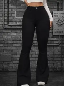 Women's High Waist Metal Button Detail Elastic Slim Fit Bell Bottom Pants, Sporty Casual Outdoor Long Pants, All Seasons